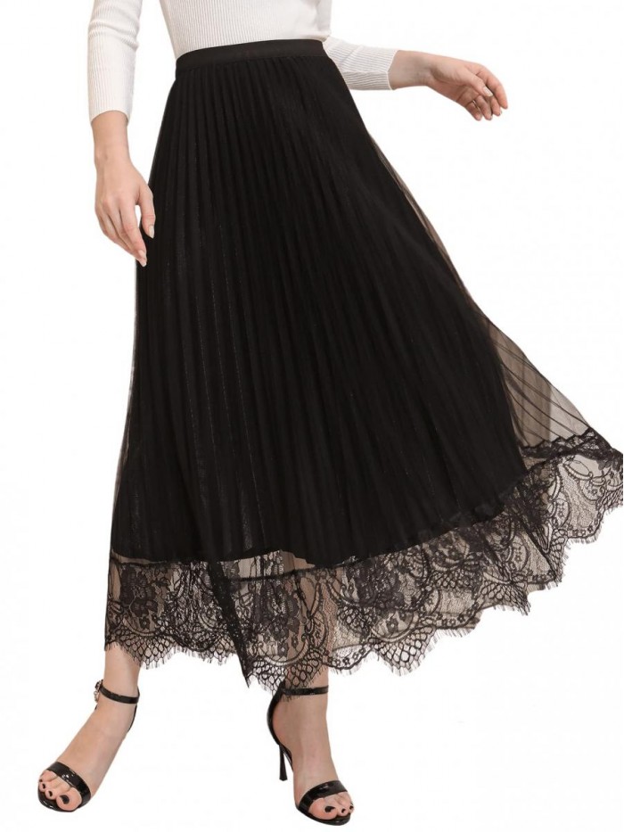 Women's Elegant Lace High Waist Mesh Pleated A Line Midi Swing Skirt 