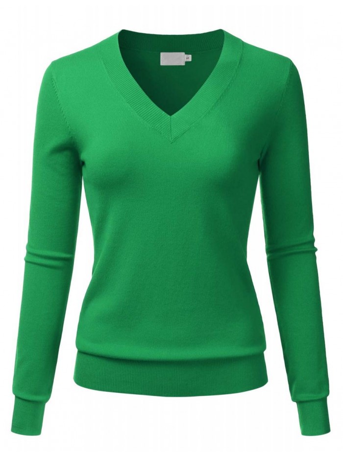 Women's V-Neck Long Sleeve Soft Stretch Pullover Knit Top Sweater (S~XXL) 