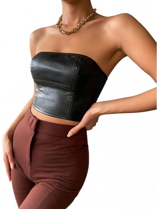 Women's Faux Leather Strapless Crop Tube Tops PU L...