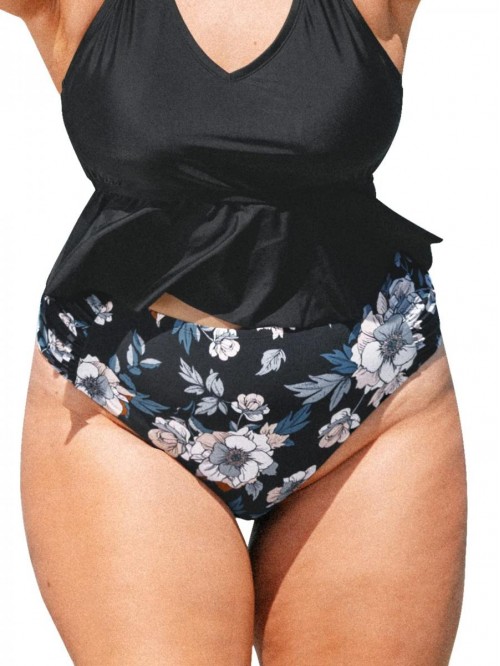 Women Floral Side Shirred Hipster Plus Size Bikini...