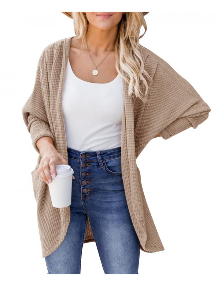 Women's Waffle Knit Batwing Long Sleeve Cardigan Oversized Open Front Sweater with Pockets 