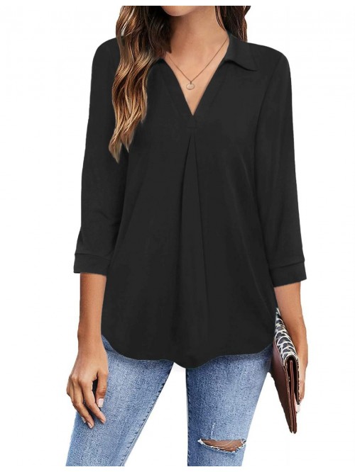 Womens Collared V Neck 3/4 Sleeve Shirts Business ...