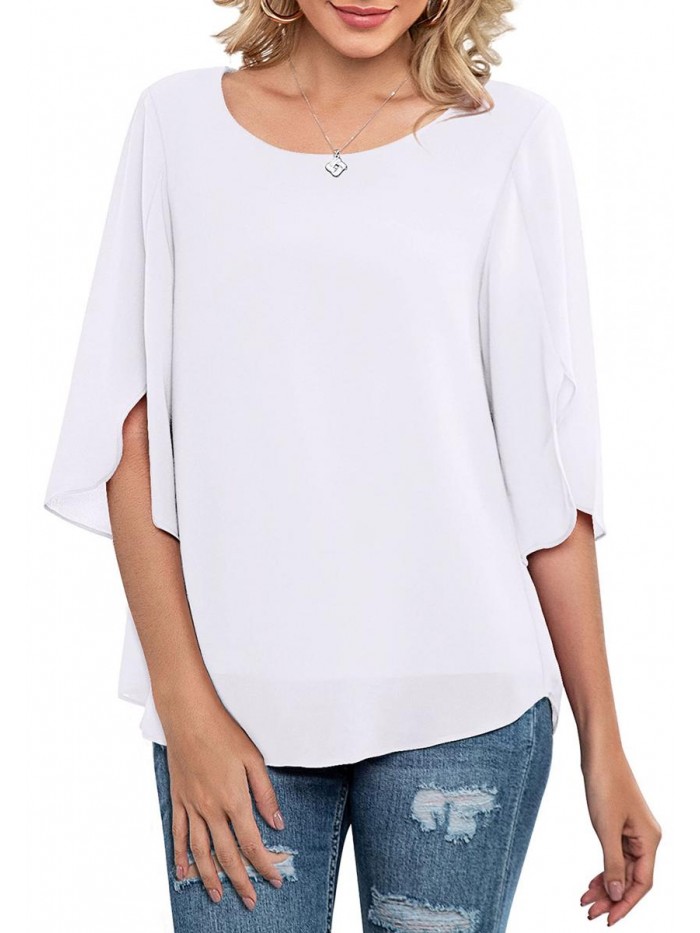 Womens Casual Scoop Neck Loose Top 3/4 Sleeve Chiffon Blouse Shirt Tops 