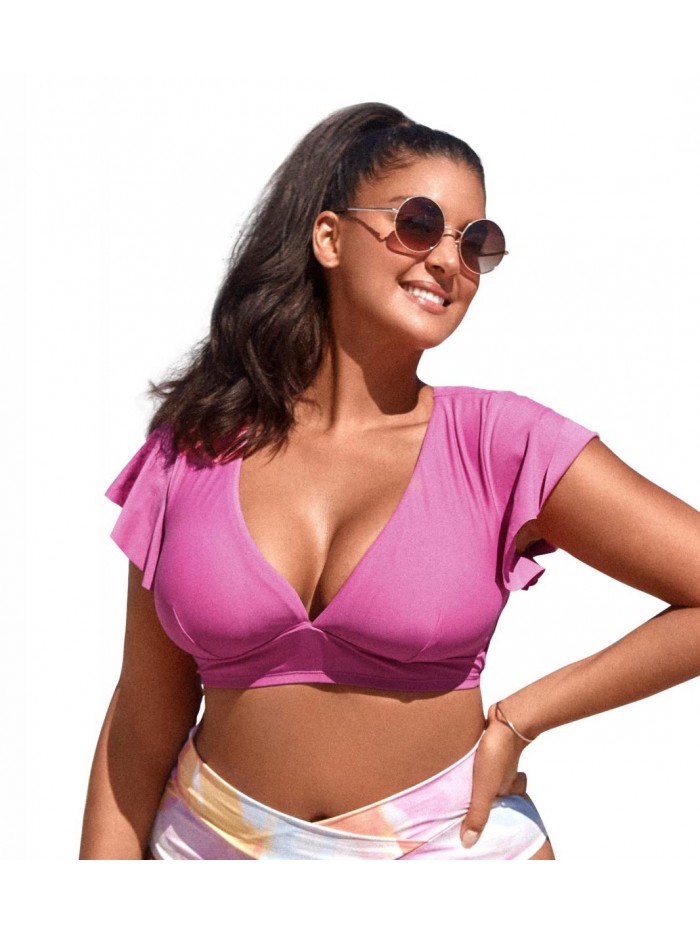Women's Plus Size Plunge Self Tie Cutout Back Bikini Top with Ruffle Sleeve 