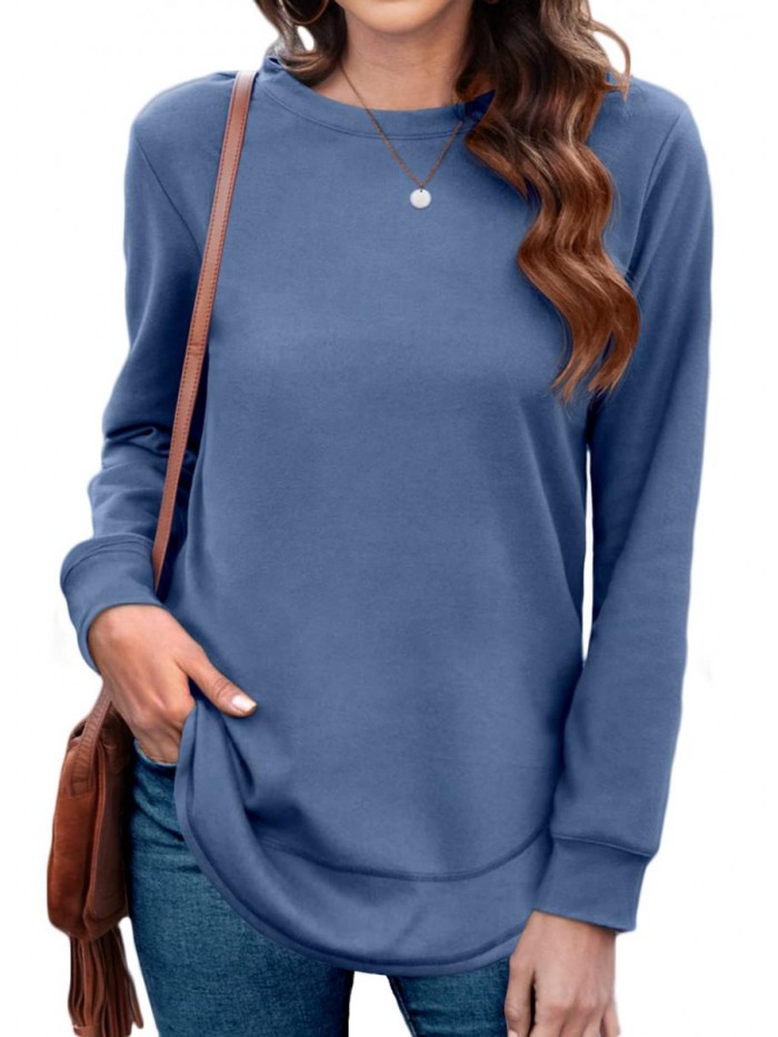Crewneck Sweatshirts Long Sleeve Tunic Tops Casual Loose Pullover Shirts with Curved Hem 