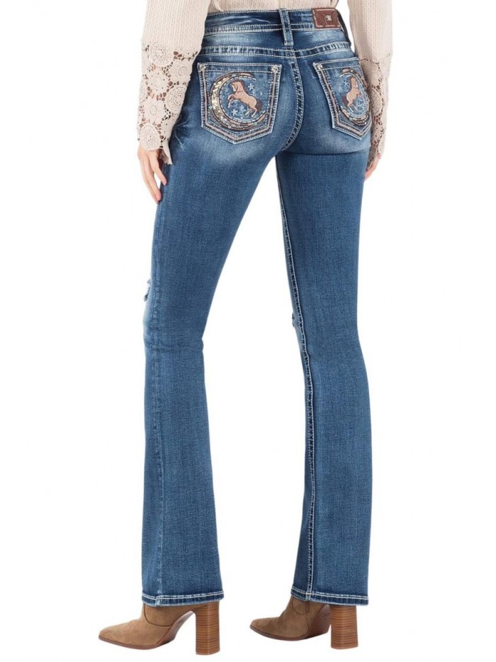 Me Women's Sassy Night Mid-Rise Boot Jeans with Embroidered Dreamy Horse in The Moon 