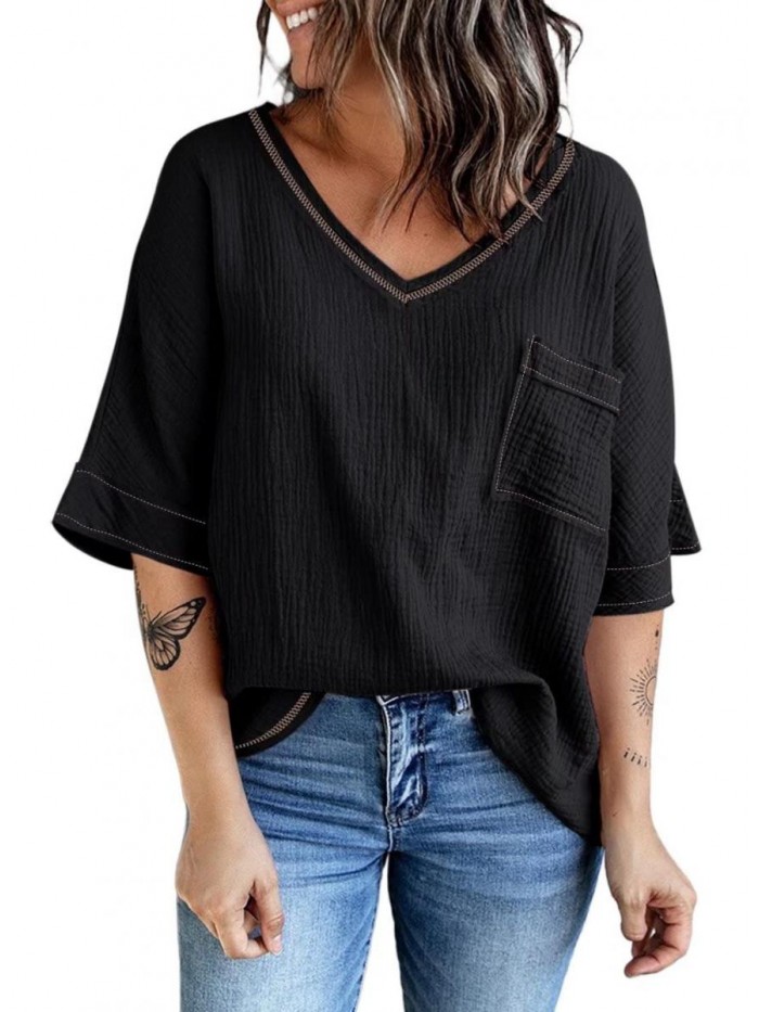 Womens 2022 Spring Summer 3/4 Sleeve V Neck Casual Loose Tunic Tops Blouses 