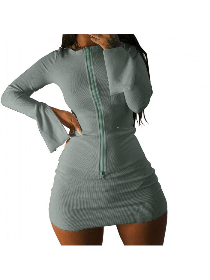 Women Long Sleeve Zipper Cardigan Crop Tops and Skirt Sets Sexy Mini Bodycon Dress 