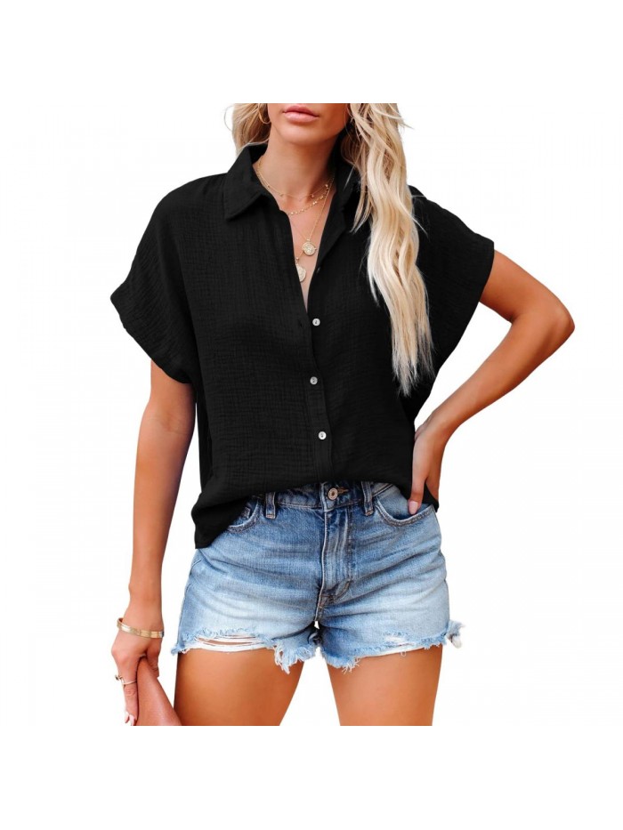 Women Short Sleeve Button Down Shirts Linen Casual Collar Blouses 
