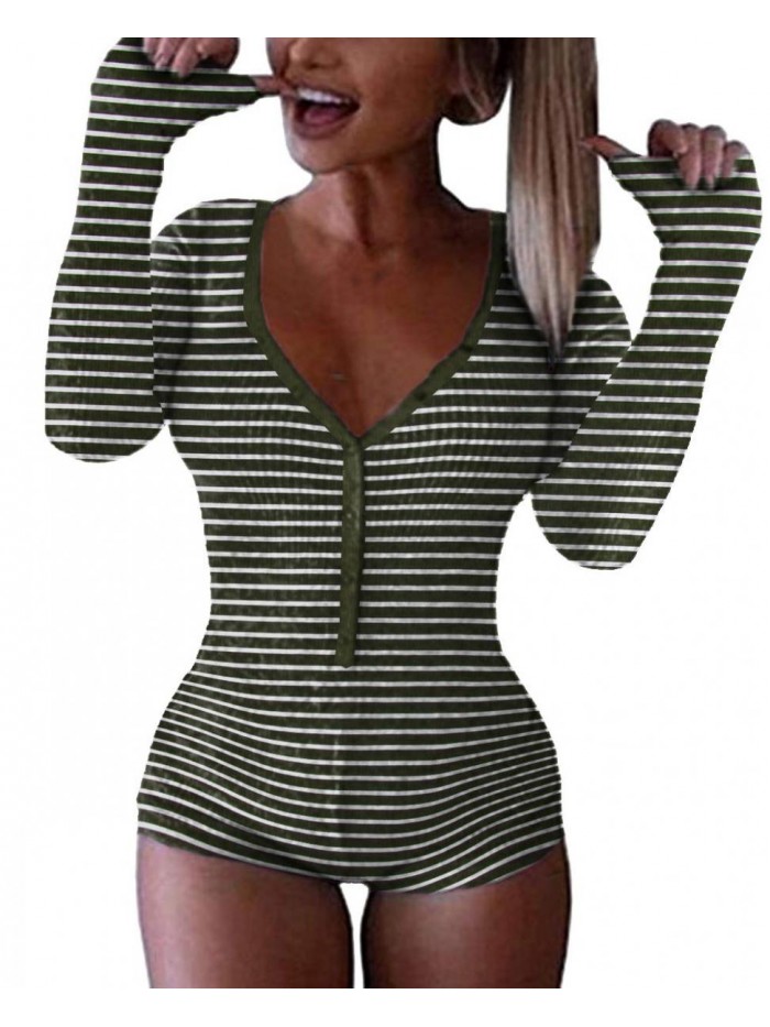 Women's Sexy Deep V Neck Shorts Long Sleeve Knitted One Piece Bodysuit Sexy Pajama Onesie Bodycon Rompers Overall 