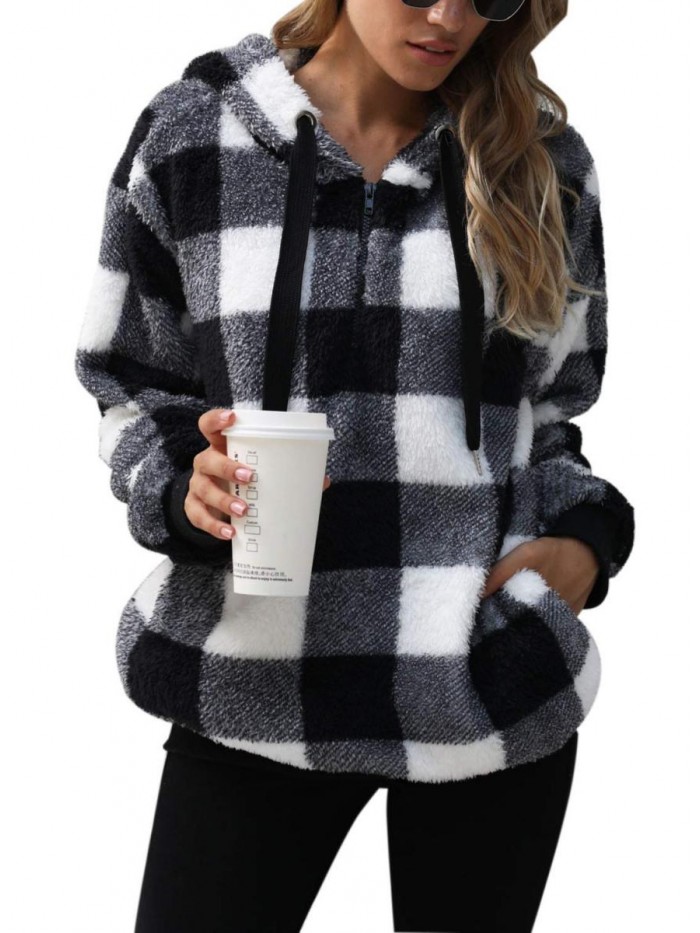 Womens Sherpa Pullover Tie Dye Fuzzy Hoodie Double Fleece Sweatshirts Fluffy Oversized Plaid Outerwear 