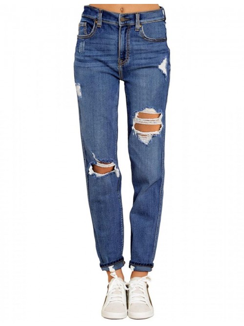 Women's Casual High Waisted Mom Jeans Ripped Stret...