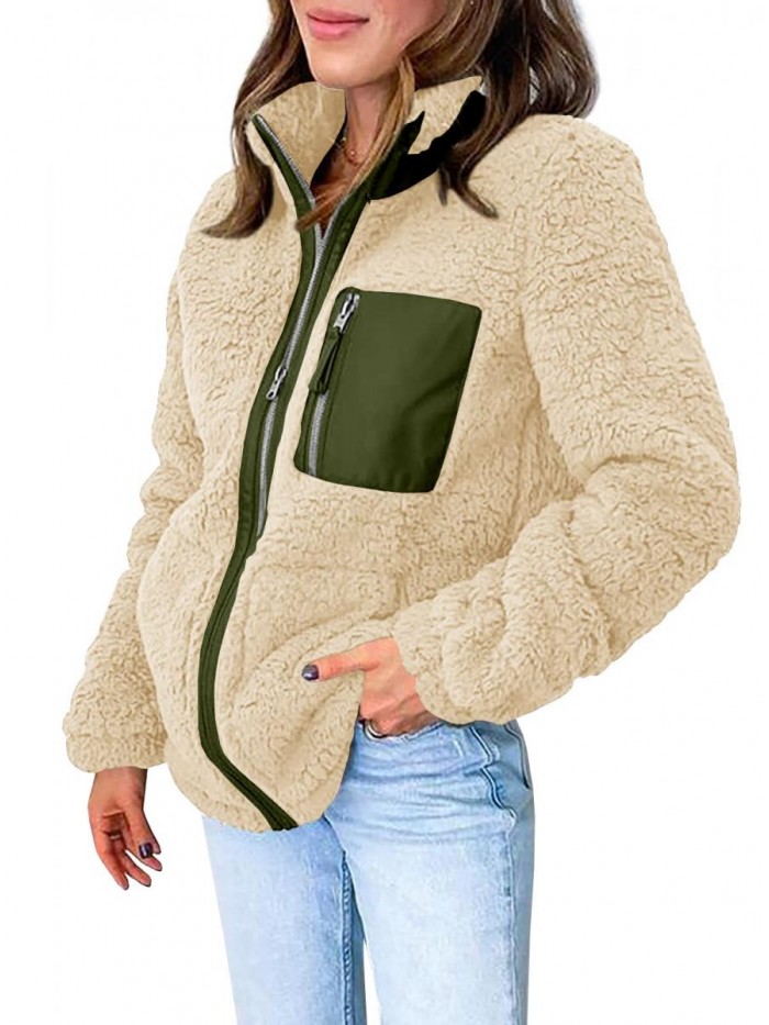 Womens Sherpa Fleece Jacket Warm Winter Zip Up Long Sleeve Lapel Coat Fuzzy Outwear 