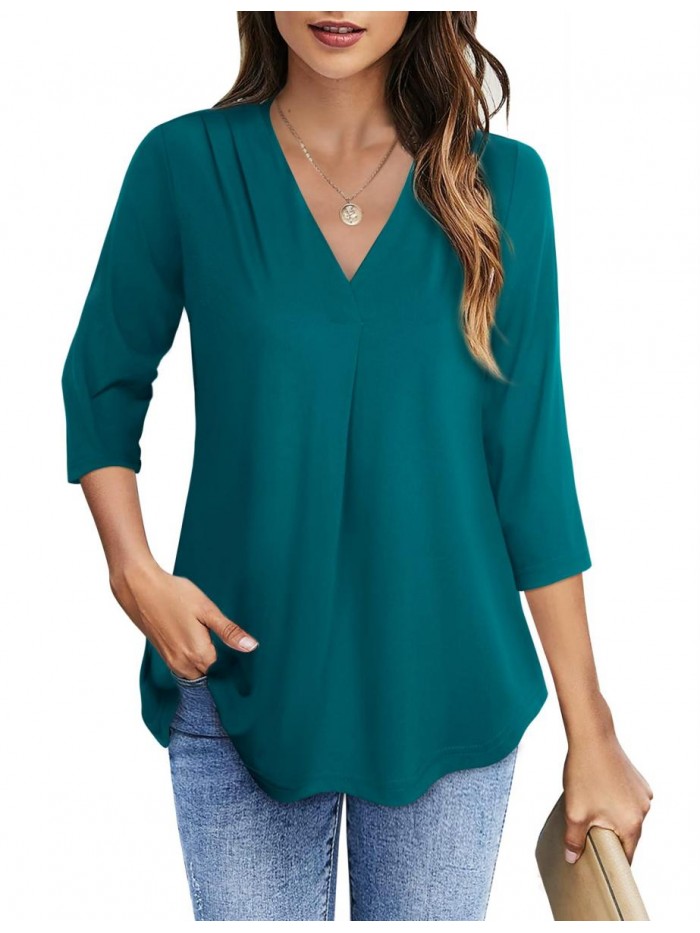 V Neck 3/4 Sleeve Shirts Work Business Casual Office Blouse for Womens Professional Elegant Top Peasant Tunics Tops 
