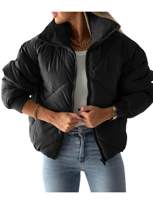 Womens Quilted Cropped Puffer Jacket Long Sleeve F...