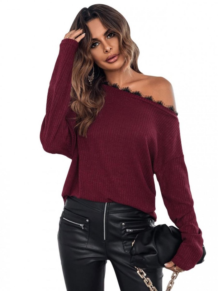 Women's Off Shoulder Knit Jumper Long Sleeve Pullover Loose T Shirt Sweater Tops 