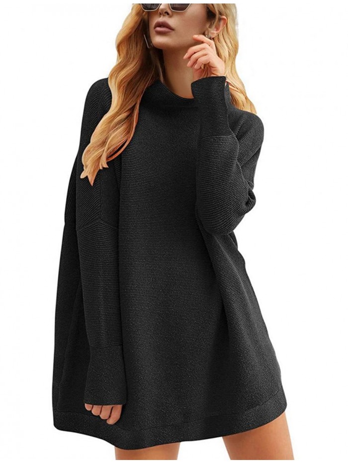 Women Turtleneck Sweater Dress Casual Batwing Long Sleeve Oversized Ribbed Knit Pullover Tops 