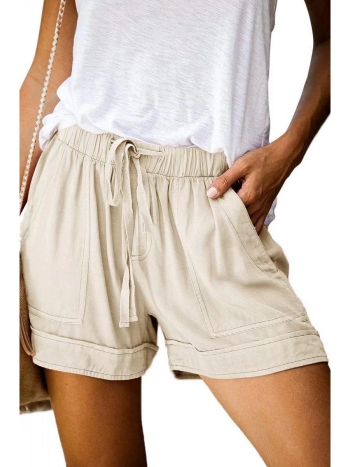 Women Comfy Drawstring Casual Elastic Waist Cotton Shorts with Pockets (S-2XL) 