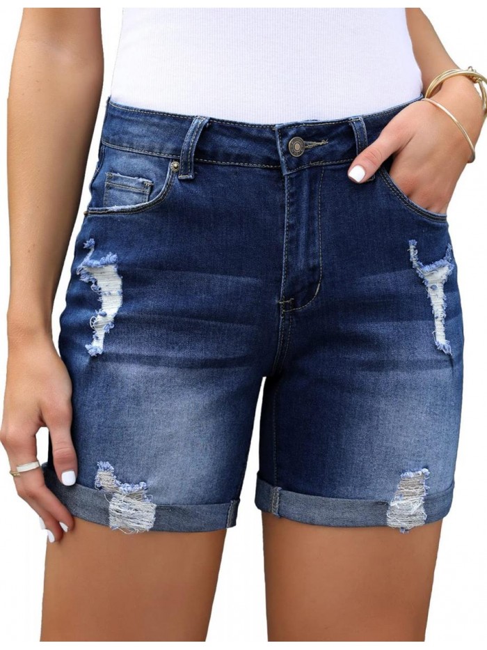 Women's Casual Ripped Denim Shorts High Rise Stretchy Summer Jean Shorts 