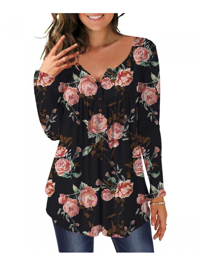 Women's Floral Tunic Tops Casual Blouse V Neck Long Sleeve Buttons Up T-Shirts 