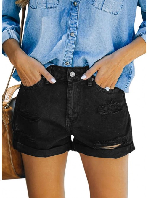 Women Jean Shorts Stretchy Mid Rise Ripped Folded ...
