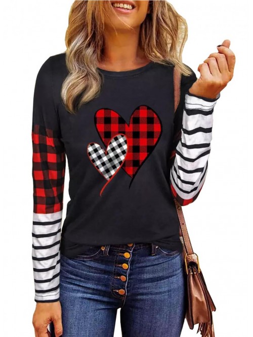 Plaid Love Heart Shirt for Women Valentine's Day L...