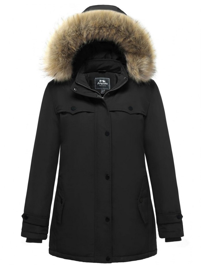 Women's Thicken Warm Puffer Jacket Water Resistant Mid-Length Parka with Faux Fur Trim Hood 