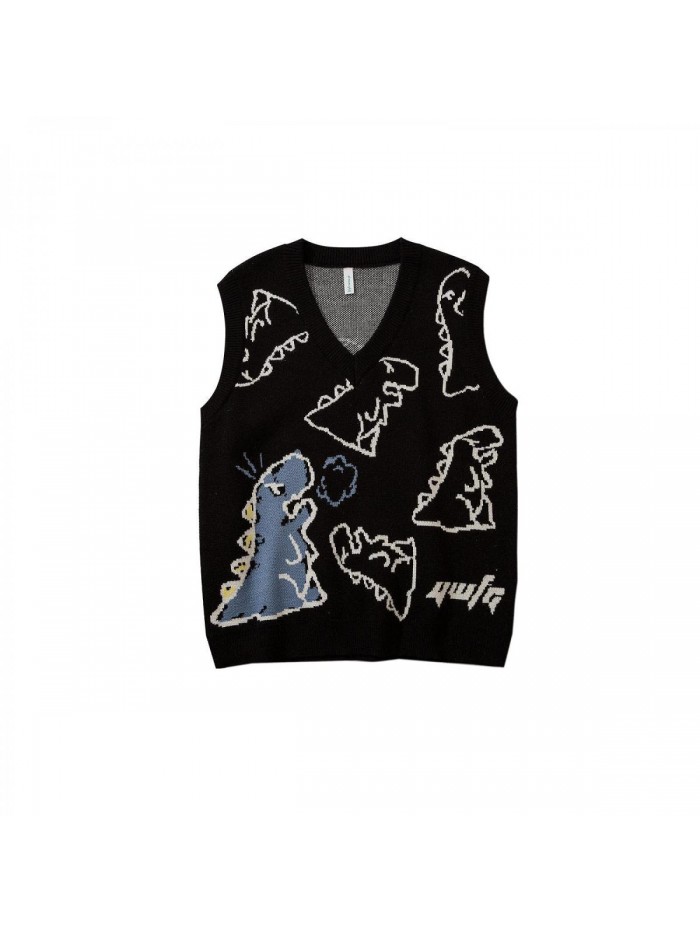 Knitted Tank Top E-Girls 90S Dinosaur Print V-Neck Sleeveless Crop Sweater Vest 