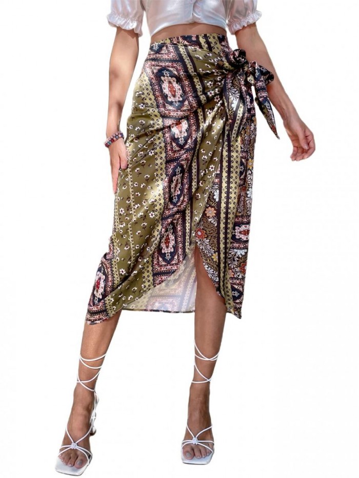 Women's Boho Floral Print Wrap Tie Side Asymmetrical Hem Midi Skirt 
