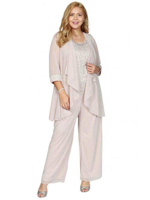 Women's Three-Piece Pant Set with Lace, Pearl Deta...