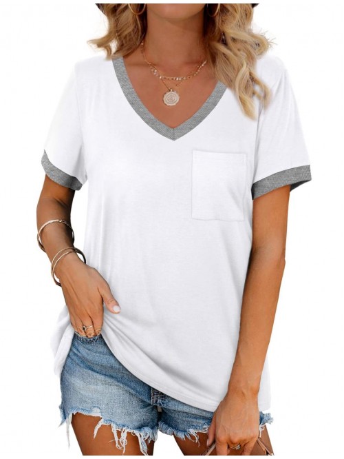 Womens T Shirts Short Sleeve V Neck Loose Casual S...