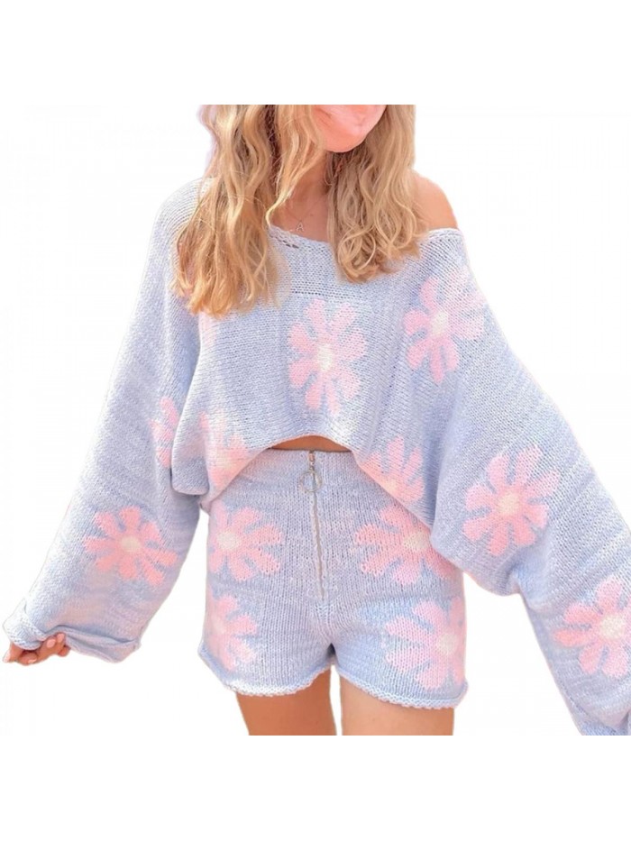 2 Piece Sweater Set Off Shoulder Floral Knit Pullover Top and Zipper Knitted Shorts Suit Spring Outfits 