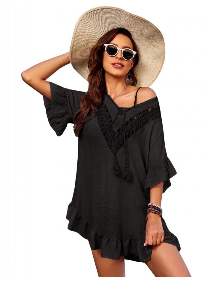 Sheer Swimsuit Cover Up See Through for Women Lace V Neck Bathing Suit 3/4 Sleeve Sexy Bikini Beachwear S-3XL 