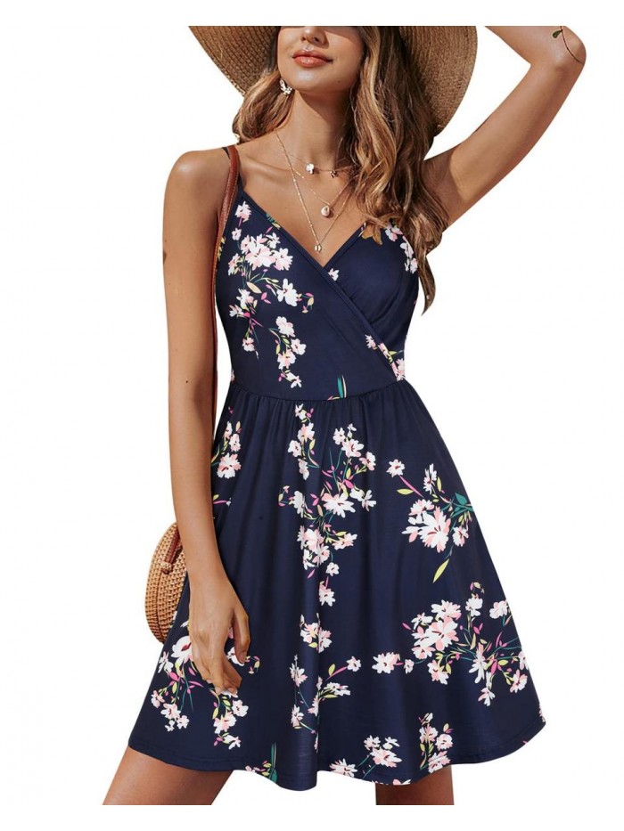 STYLEWORD Women's V Neck Floral Spaghetti Strap Summer Casual Swing Dress with Pocket
