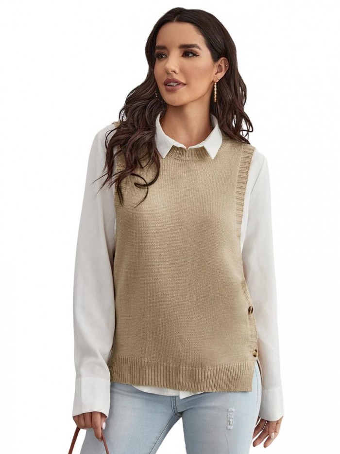 Women's Buttoned Side Slit Hem Round Neck Sleeveless Pullover Sweater Vest 