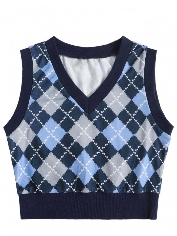 Women's V Neck Knit Sweater Vest Preppy Style Argyle Plaid Sweater Tank 