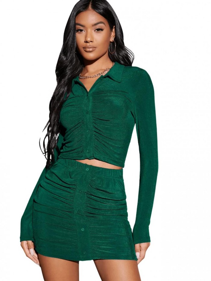 Women's 2 Piece Outfits Button Down Long Sleeve Ruched Crop Tee with Bodycon Mini Skirt Set 