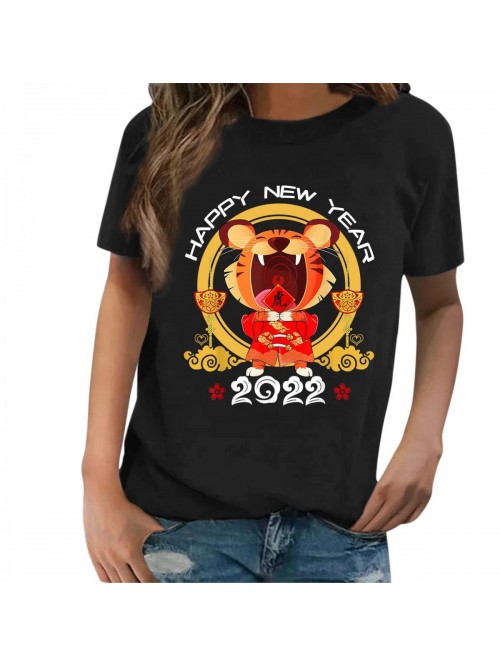 2022 Happy New Year Tiger Print T Shirt O Neck Sho...