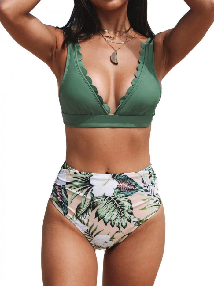 Women Scalloped V Neck Bikini Swimsuit High Waist Floral Ruched Two Piece Bathing Suit 