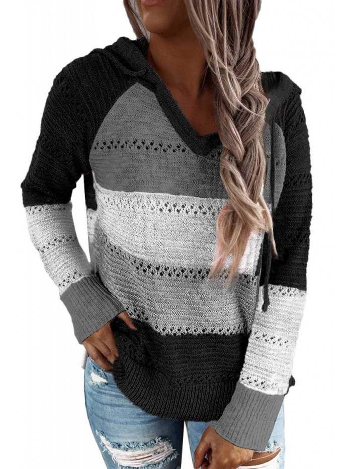 FEKOAFE Womens Striped Color Block Hoodies Fashion V Neck Knit Sweater Pullovers