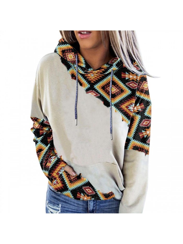 for Women, Women's Western Ethnic Print Sweatshirt Long Sleeve Aztec Print Vintage Hooded Sweater Pullover Shirt 
