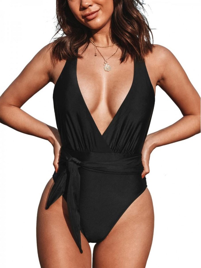 Women's Tie Front Plunging One Piece Swimsuit Removable Padding Swimsuit Black 