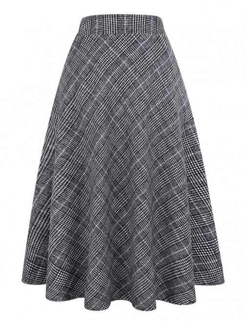 Womens Plaid Wool Skirts Elastic Waist A-Line Plea...