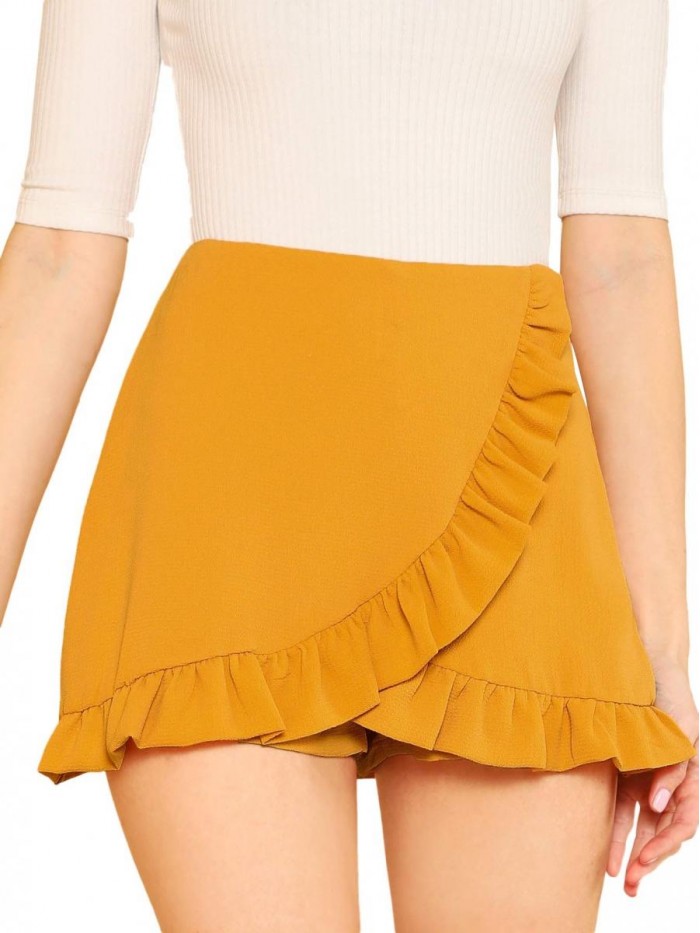 Women's Mid Waist Ruffle Wrap Skorts Asymmetrical Plain Skirt Shorts 
