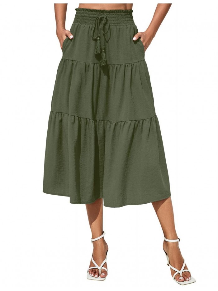 Women Cotton Linen Boho Elastic Waisted Drawstring Swing Ruched Tiered Ruffle A-Line Maxi Skirt with Pockets 