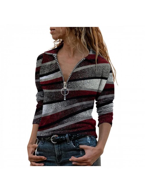 Womens Zipper V-Neck T-Shirts Long Sleeve Casual S...