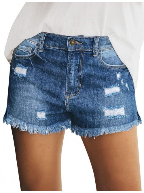 Women's Mid Rise Shorts Ripped Faded Wash Frayed R...