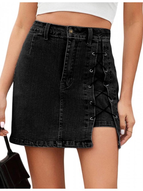 Kasin Women Lace Up Jean Bodycon Mini Skirt High W...