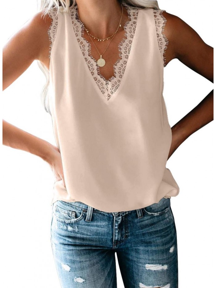 Women's V Neck Lace Trim Tank Tops Casual Loose Sleeveless Blouse Shirts 