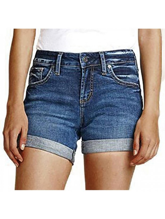 Hot Shorts for Women Casual Ripped Denim Jean Shorts Mid Waisted Stretchy Folded Hem Short Jeans with Pockets 